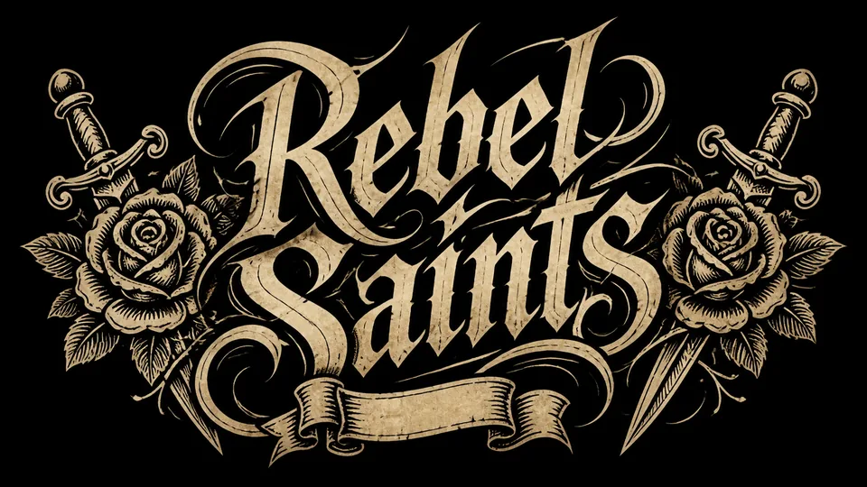Rebel Saints tattoo style heavy metal band logo